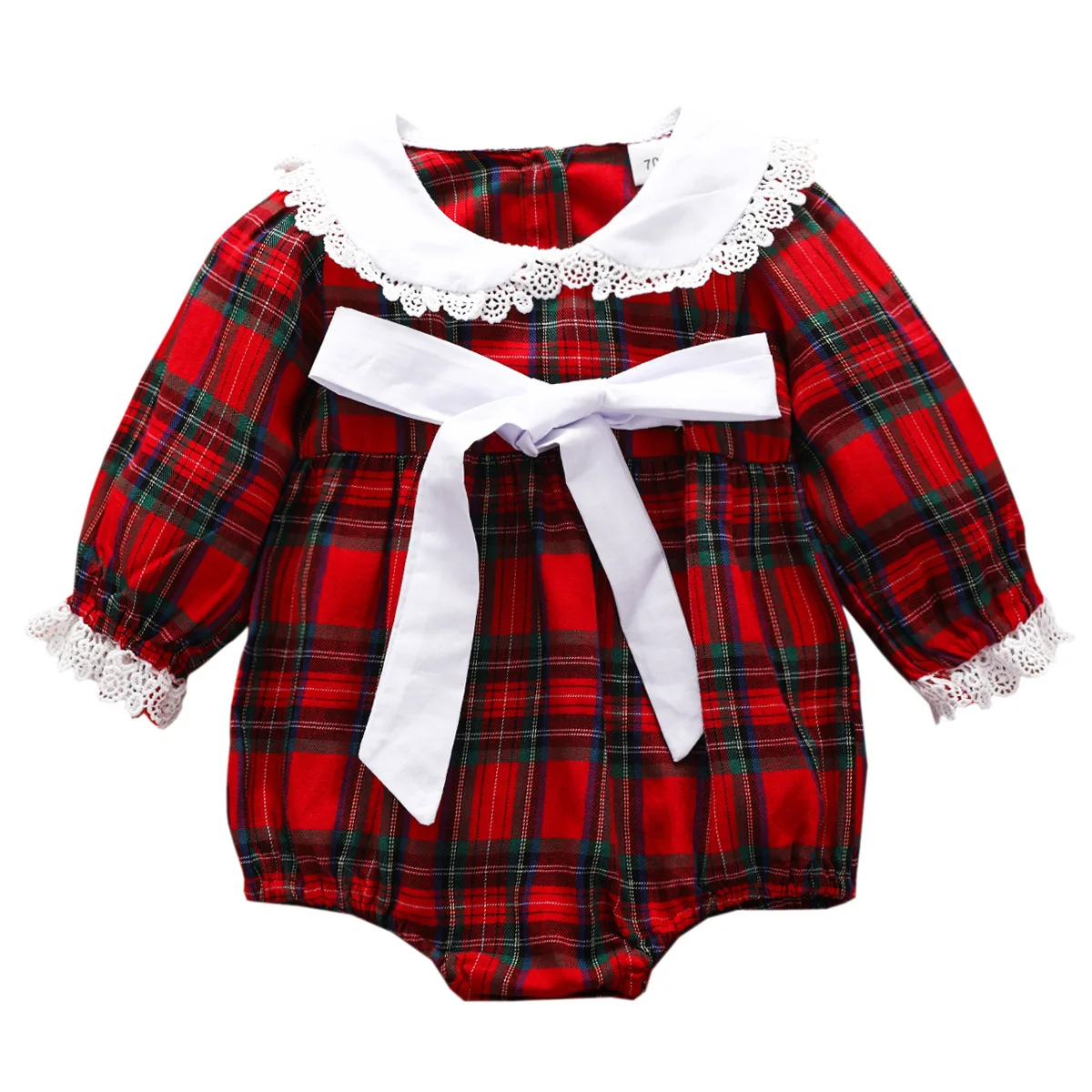

Autumn Doll Collar Long Sleeve Plaid Christmas Clothes Baby Romper