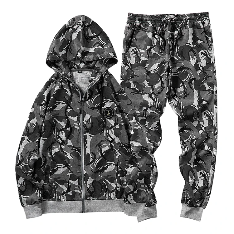 

Custom mens camo sportswear pullover hoodie set track suit camouflage 2 pieces zipper men's sweatsuit hooded sportswear