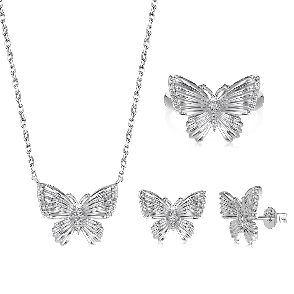 Dylam Charm Elegance Jewelry Set Women S925 Silver Gold Plated 5A Cubic Zirconia Diamond Butterfly Necklace Earrings Ring