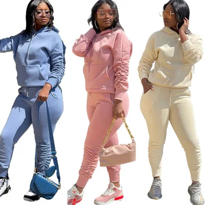 

2021 Hot Selling Women Jogging Sweatsuit Solid Thick Hoodie 2 Piece Stack Pants Set Fall Women Clothes