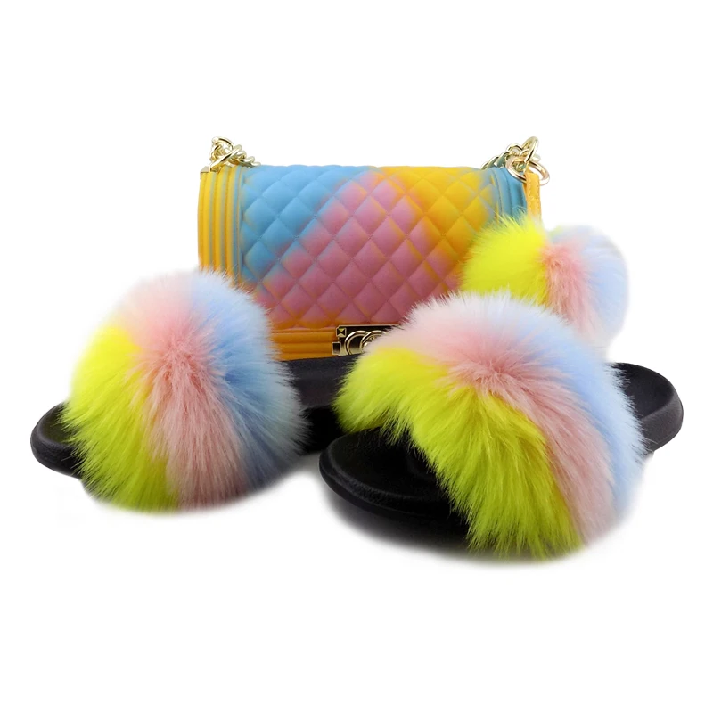 

new design furry fur slipper match bag