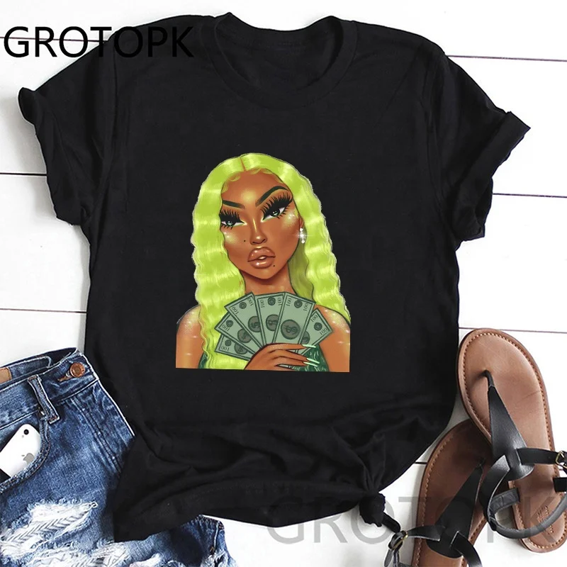 

Wholesale T-Shirt Women 100% Cotton Custom Printed Black Girl Make Money T Shirts For Woman Oversized Graphic Tshirt, White