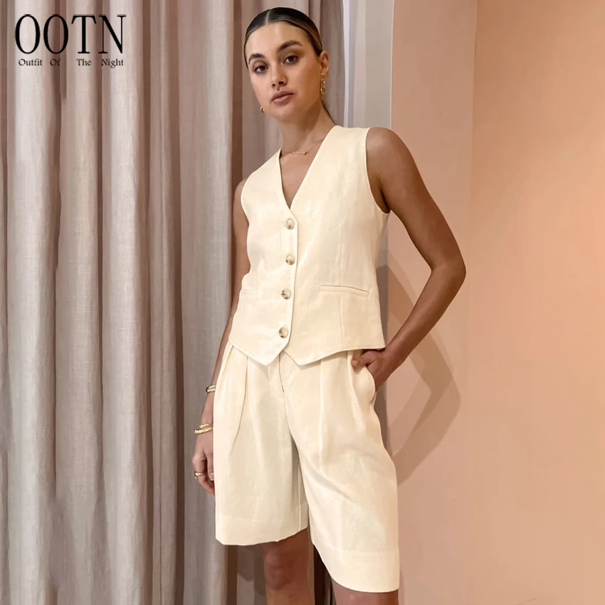 

OOTN Summer 2023 2-Piece Office Outfits Button Tank Tops And Wide Legs Shorts Casual Sets Beige Cotton Linen Blazer Suits