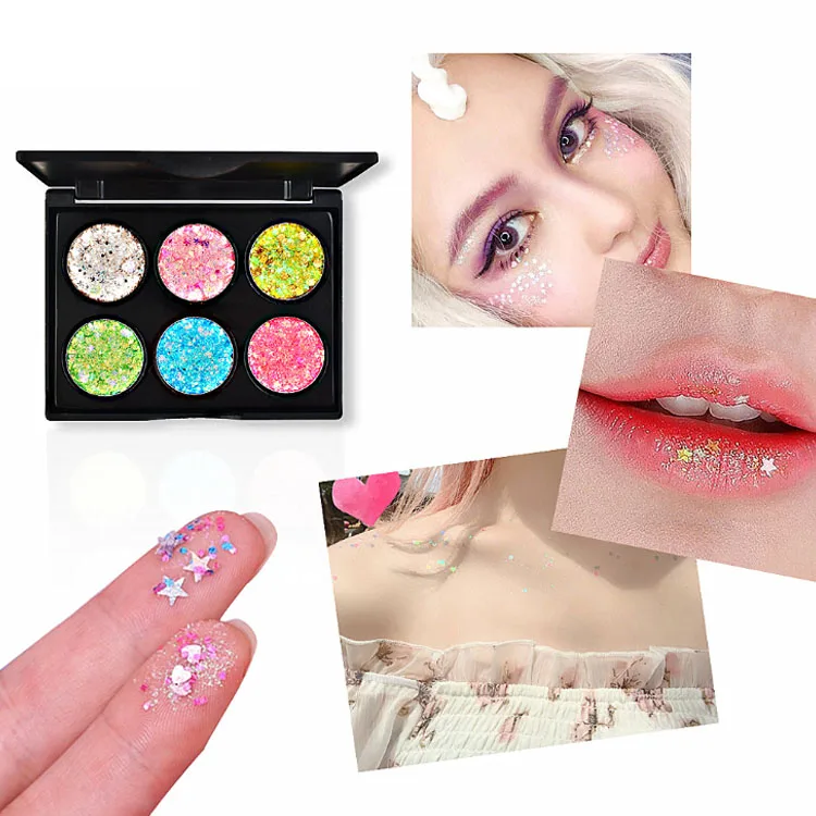 

Wholesale Latest 6 Colors Eye Shadow Vegan Makeup Glitter Waterproof Eyeshadow Palette