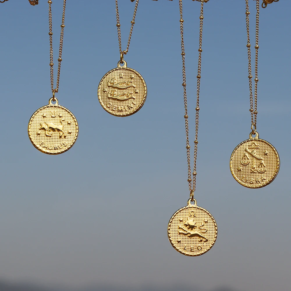 

Christmas Jewelry zodiac sign non tarnish Pendant Necklace Gold Plated coin horoscope Stainless Steel Necklace