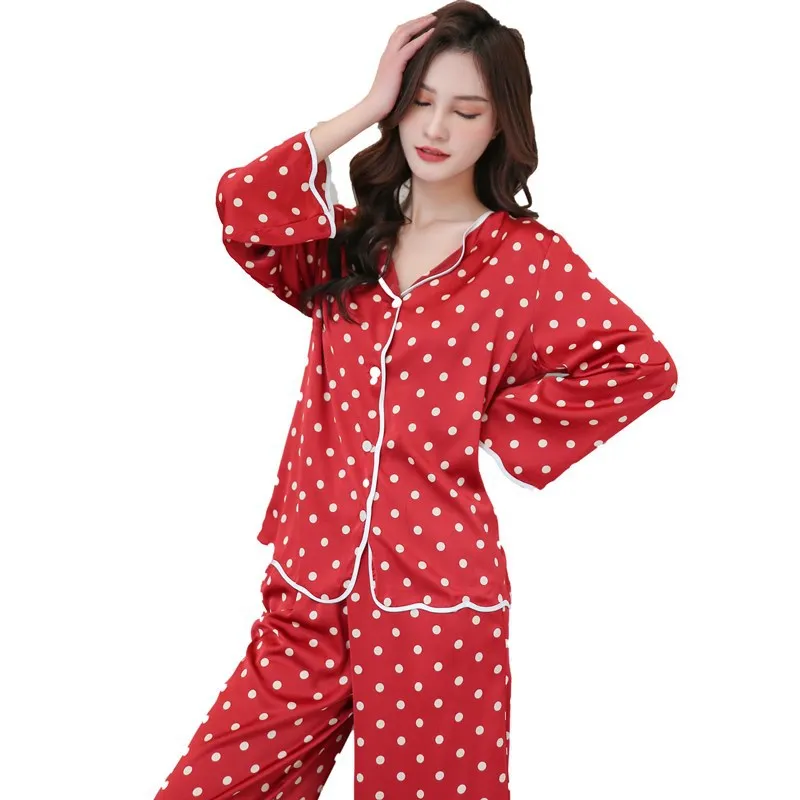 

Bow Print Room Wear Pajamas for Women Polka Dots Satin Female Spring Pajama Sets Sweet Night Wear Long Sleeve Nightwear