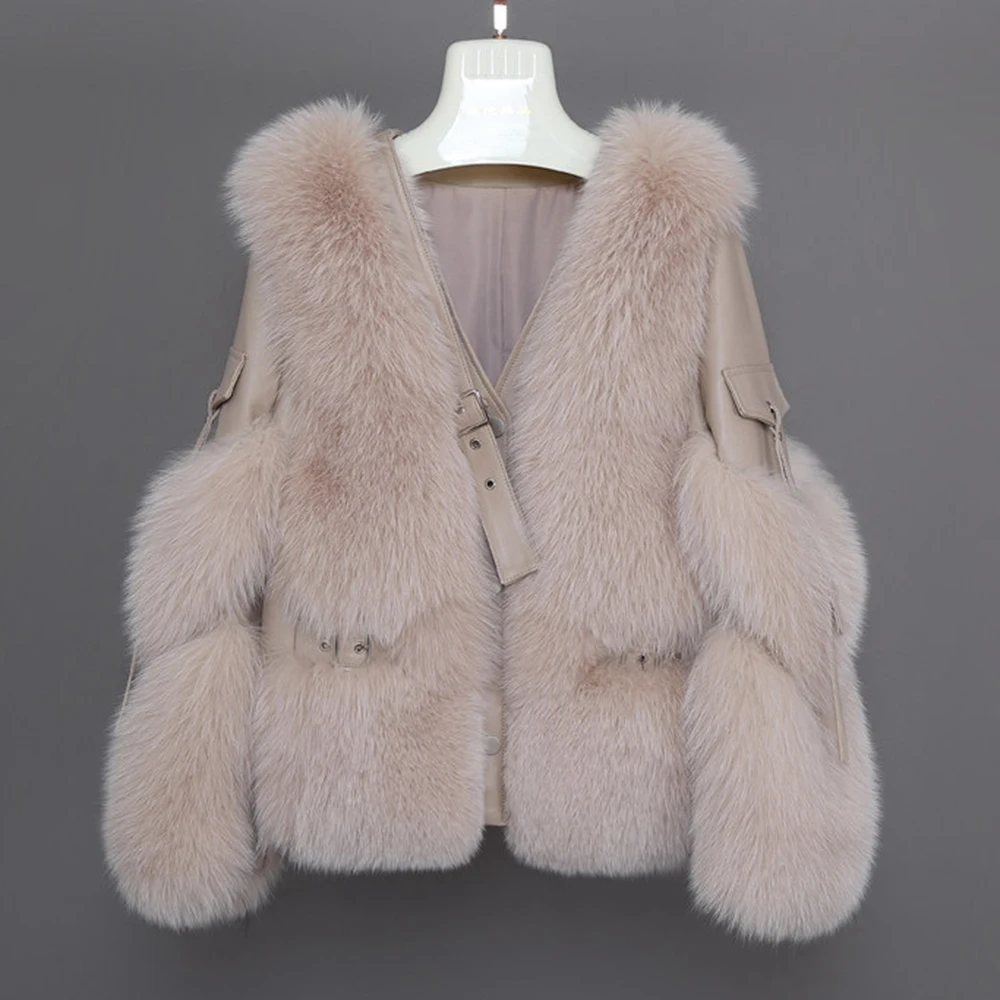 

2021 Fashion Women's Coat Genuine Sheepskin Leather Jacket Street Styles Real Fox Fur Coat, Customized colors