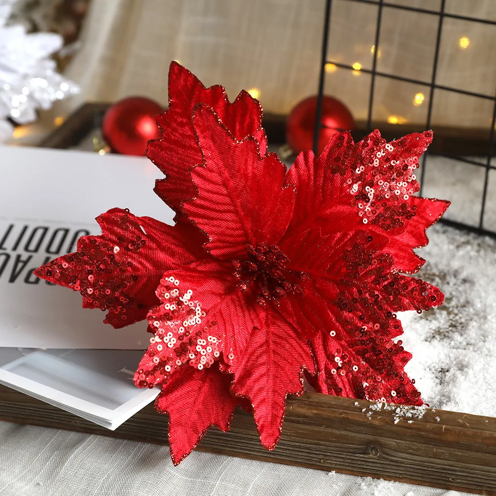 

Low price Red Velvet Poinsettia 25cm Flower Artificial Decoration Ornaments Arrangement Tree Christmas Flowers