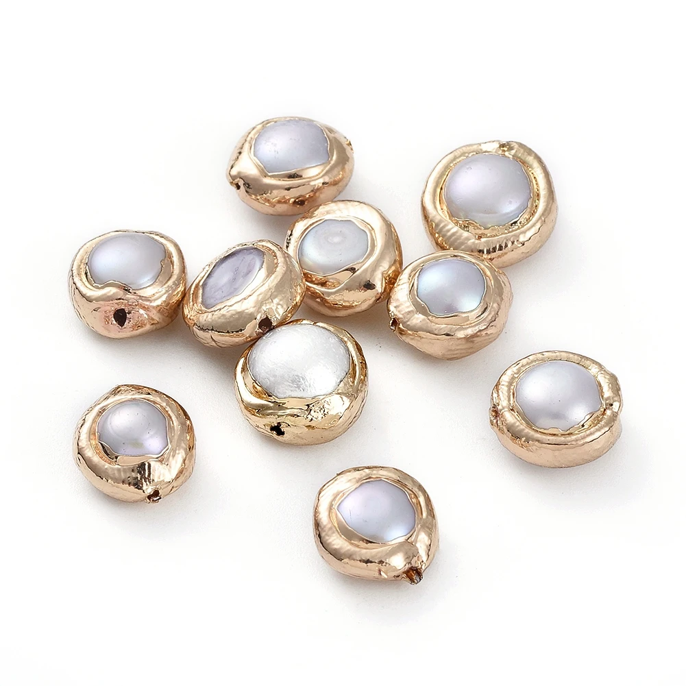 

Pandahall Golden Plated Brass Edge Flat Round Natural Pearl Beads