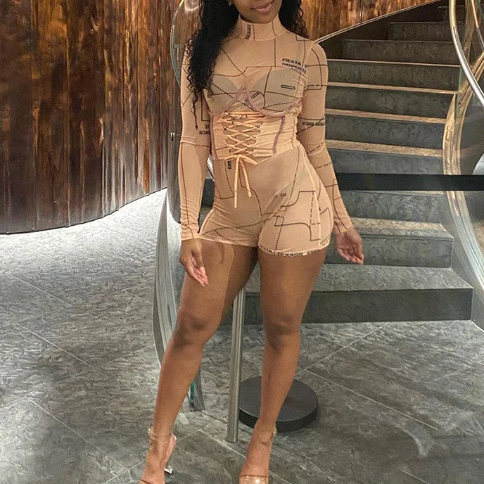 

FS1780D new arrivals mesh rompers Women bandage Fashion prints Jumpsuits