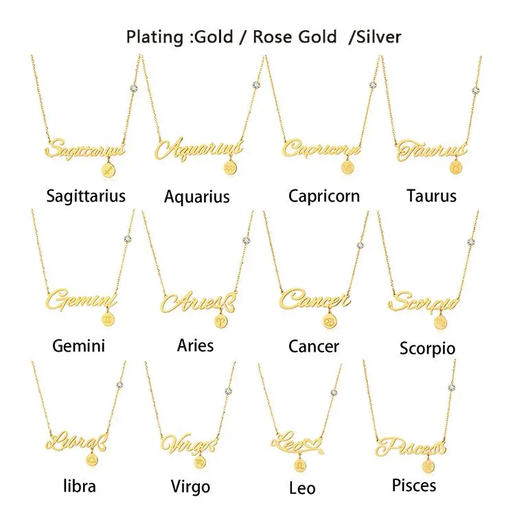 

Zodiac Necklace Sign,Zodiac Sign Necklace Pendants Gold 12 Constellation Charms Collar Stainless Steel Fashion Gold Plated