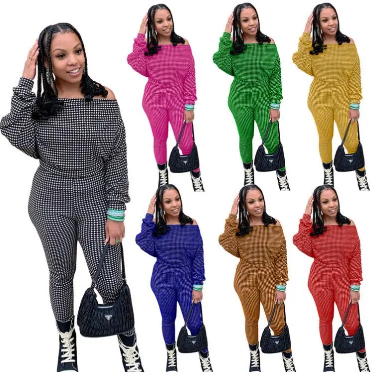 

Amazon 2021 Plaid Printed Long Sleeve One Shoulder Sexy Two Piece Sets Two Piece Fall Sets Women Office Suits Set For Women