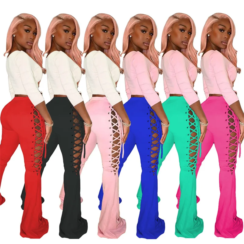 

Sexy Hollow Out Women's Pants Fashion Lace Up Girls Pants Bell-Bottomed Pants Flared Trousers For Women, As picture