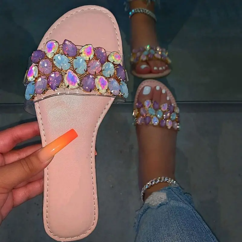 

Verao Transparentes Chinelos De Cristal Com Flant Beach Slippers Stone Upper Hot Style Girls Diamond Shoes Women