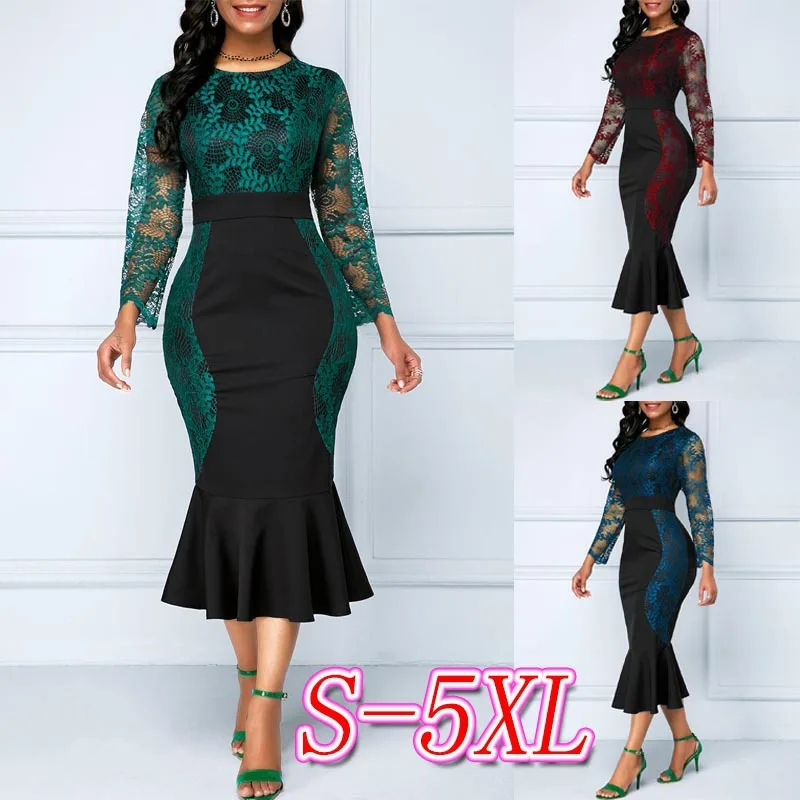 

2020 fashion new women's fishtail lace dress elegant ladies office dress, Red, green, blue