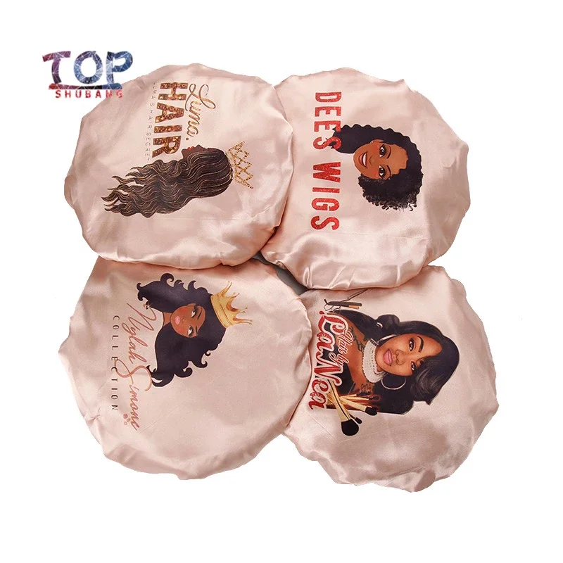 

Custom Printing Logo Women Satin Bonnet Virgin Hair Extensions Bundle Wigs Sleep Protect Bonnet Sleep Hats