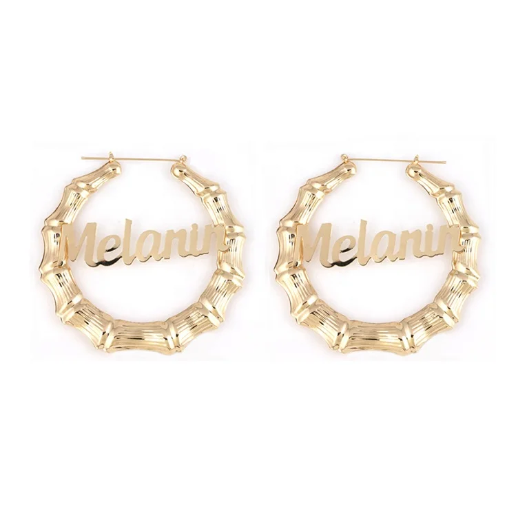 

Personalized Custom 9CM Huge Bamboo Hoop Earrings Melanin Gold Bamboo Name Earrings, 18k gold