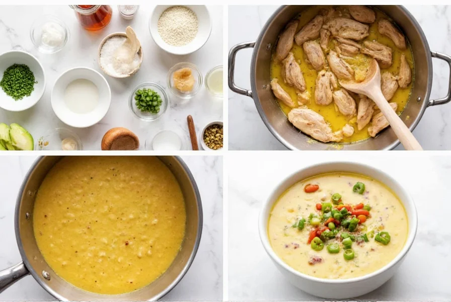 Step-by-step preparation of white chili chicken showing ingredients in bowls, chicken being sautéed, and final creamy soup in a bowl with garnishes
