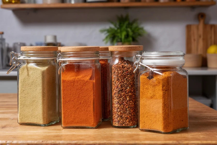 Close-up of various spice jars including coriander, chili powder, and garam masala arranged on wooden kitchen counter