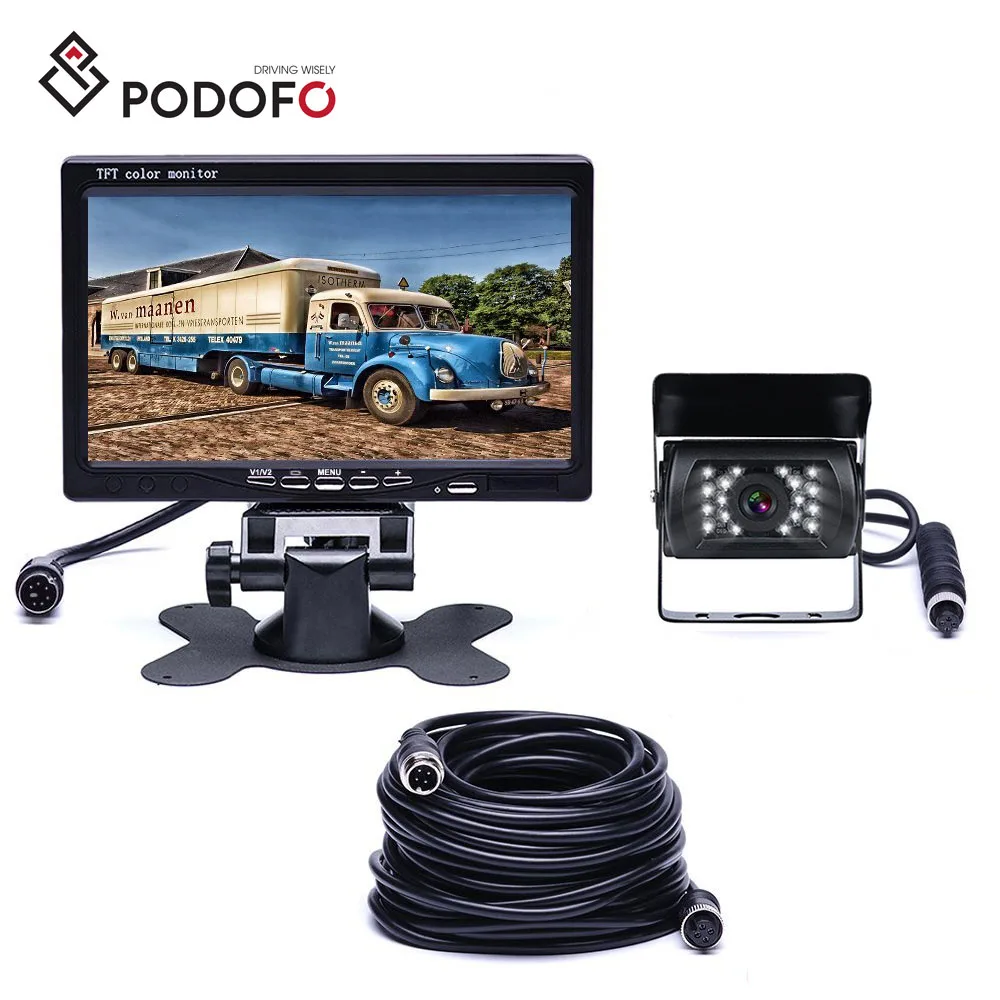 

Podofo 12V 24V 7" Car Monitor Rear View Reverse Camera Waterproof IR Night Vision with 20M 4Pin Cable For RV Bus Trailer Truck
