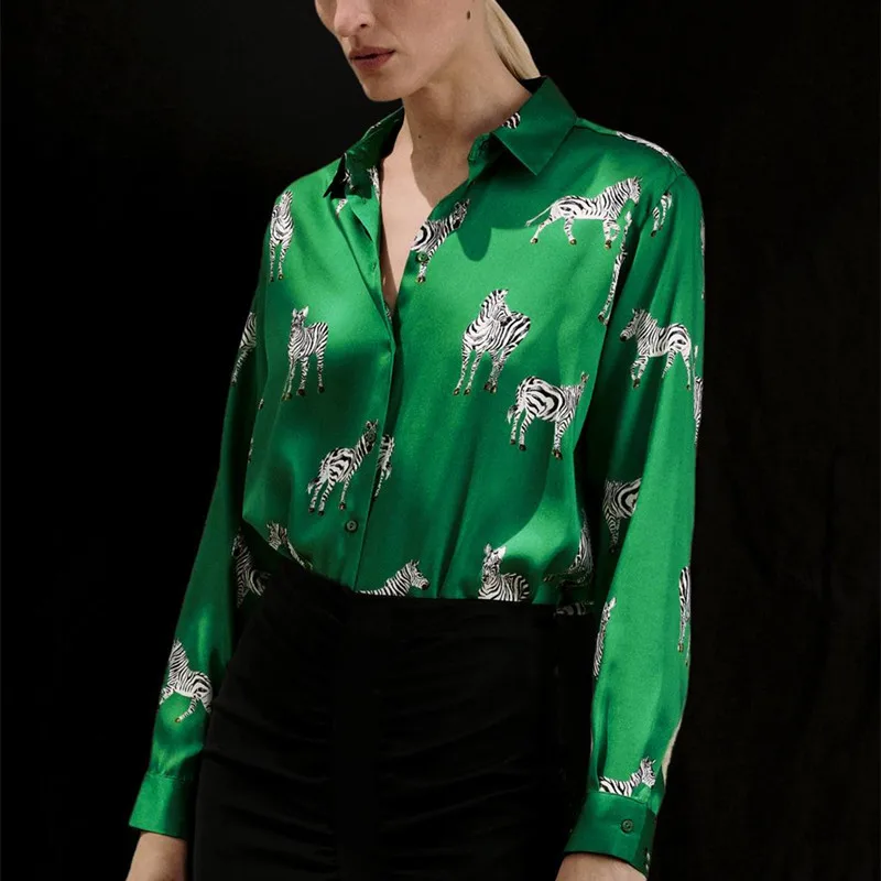 

Satin Blouse Women Silk Zebra Print Shirts Long Sleeve Vintage Office Ladies Tops Femme 2021 Fashion Green Elegant Blouses, Green,black