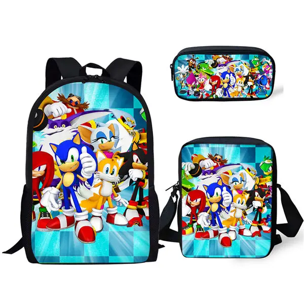

3 PCS Set Children 3D Cartoon Backpack Sonic The Hedgehog Pattern Book Bags Custom Logo School Bags For Boys Student