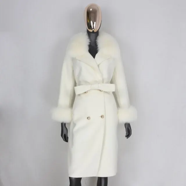 

Cashmere Wool Blends Real Fur Coat Double Breasted Winter Jacket Women Big Natural Fox Fur Collar Outerwear