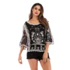 Amazon Hot High Quality Embroidery Floral O-neck Long Sleeve Women Blouse