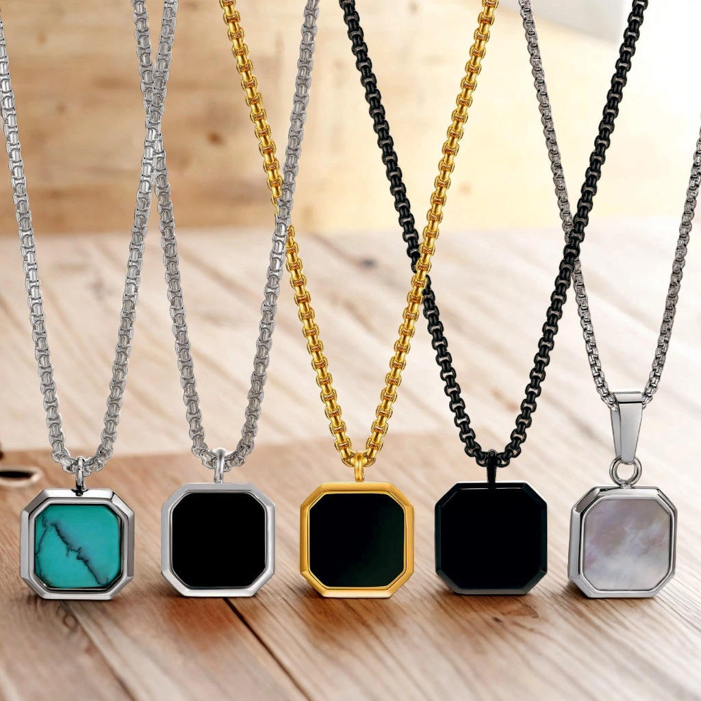 

Fashion Jewelry Necklaces 18K Gold Plated Stainless Steel Turquoise White Shell Glue Drop Square Pendant Necklace For Men