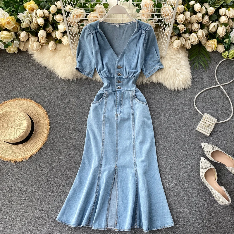 

2021 short sleeve high waist A line light blue dress jean dresses denim women jean dress, Grey