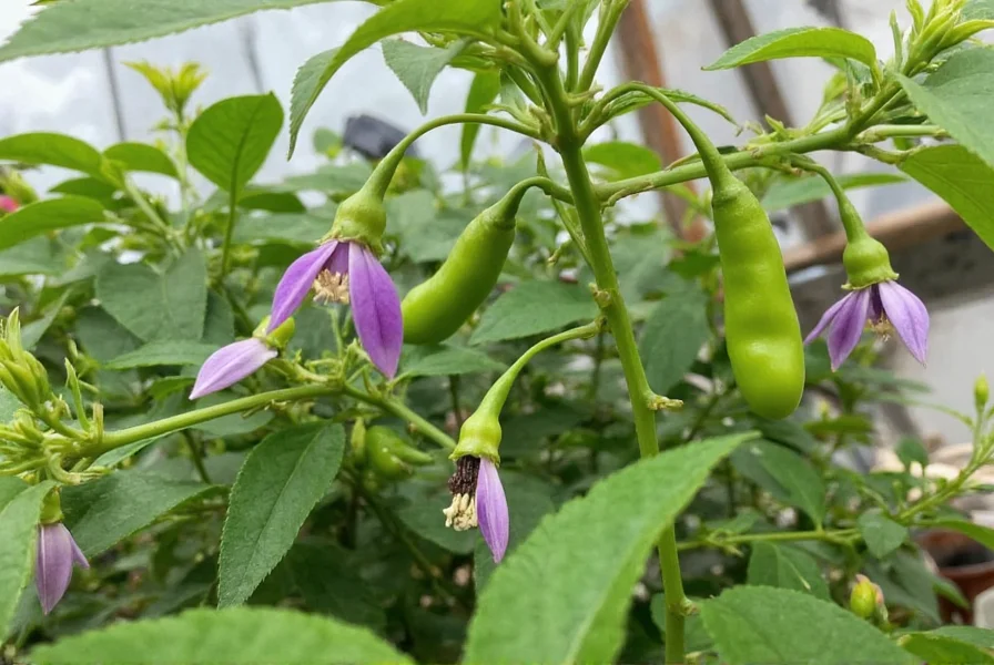 Dragon's Breath chili plant showing purple flowers and developing green peppers in controlled greenhouse environment