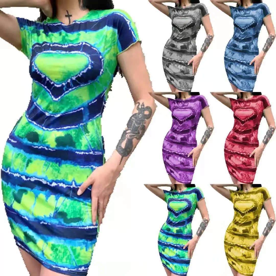 

plus size new arrive tie dye summer spring heart printed dress strip tie dye short sleeve women slim dress, Custom choose