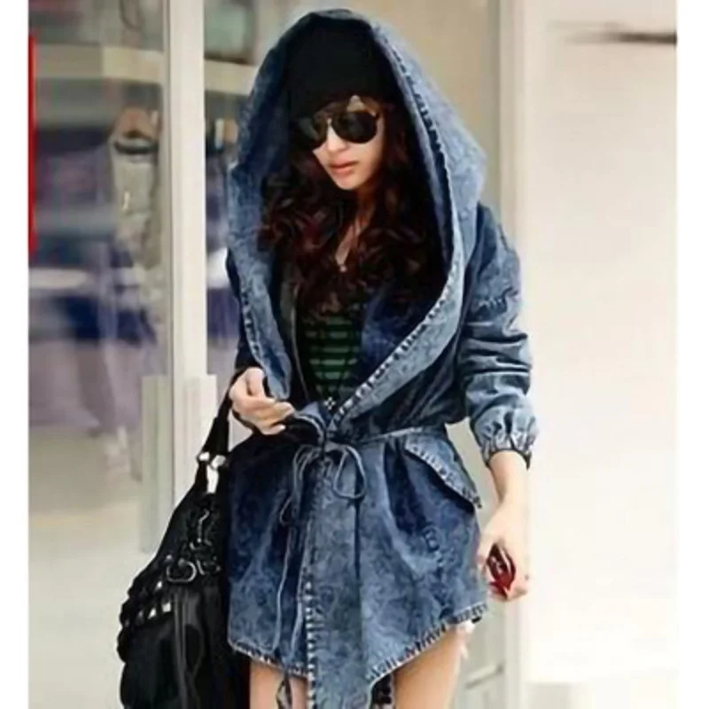 

2020 summer new European and American women's waist denim windbreaker long-sleeved mid-length cloak denim jacket