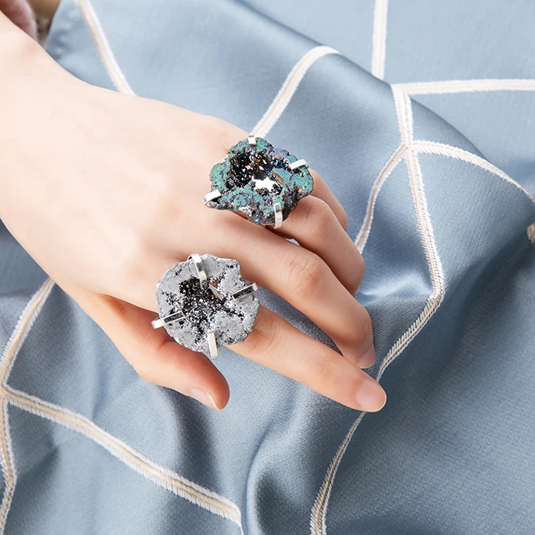 

Adjustable Uncut Agate Natural Stone Silver Geode Cluster Crystal Ring, Yellow, silver, purple, blue, multi