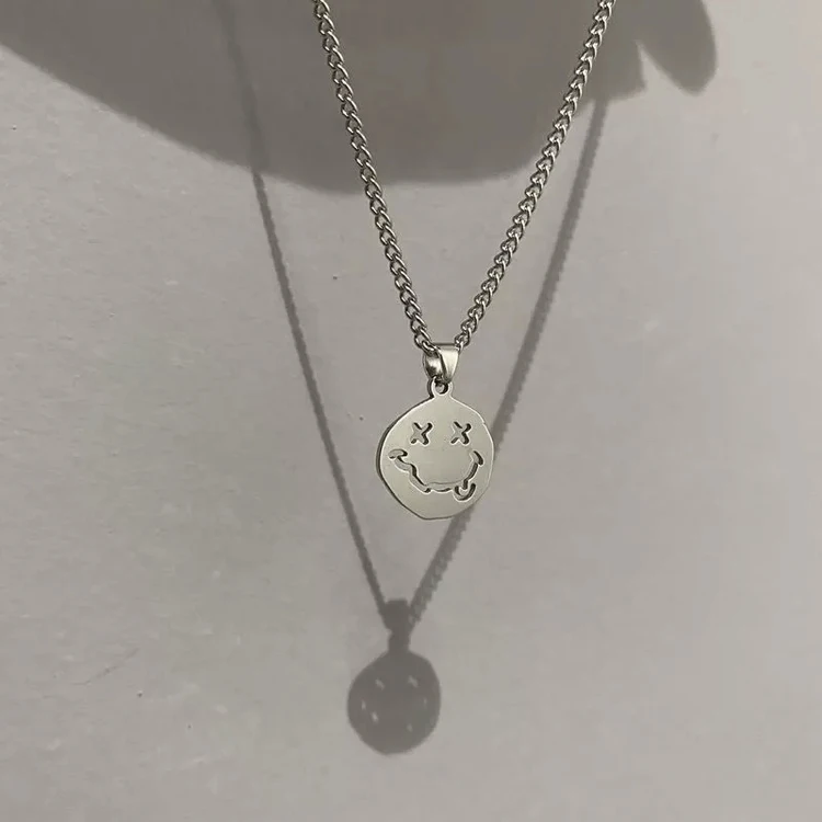 

High-quality Simple Silver Plated Hollow Smiley Face Pendant Necklaces for Women, Picture shows