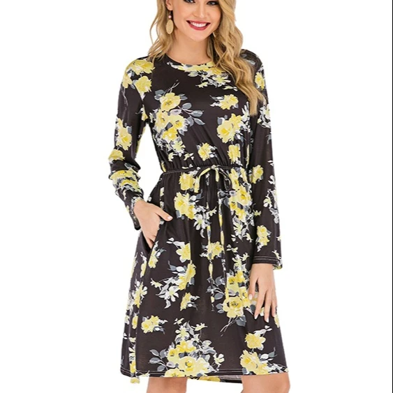 

2020 New Arrival High Quality Women long sleeve floral print fashion Loose Elegant Midi casual dresses