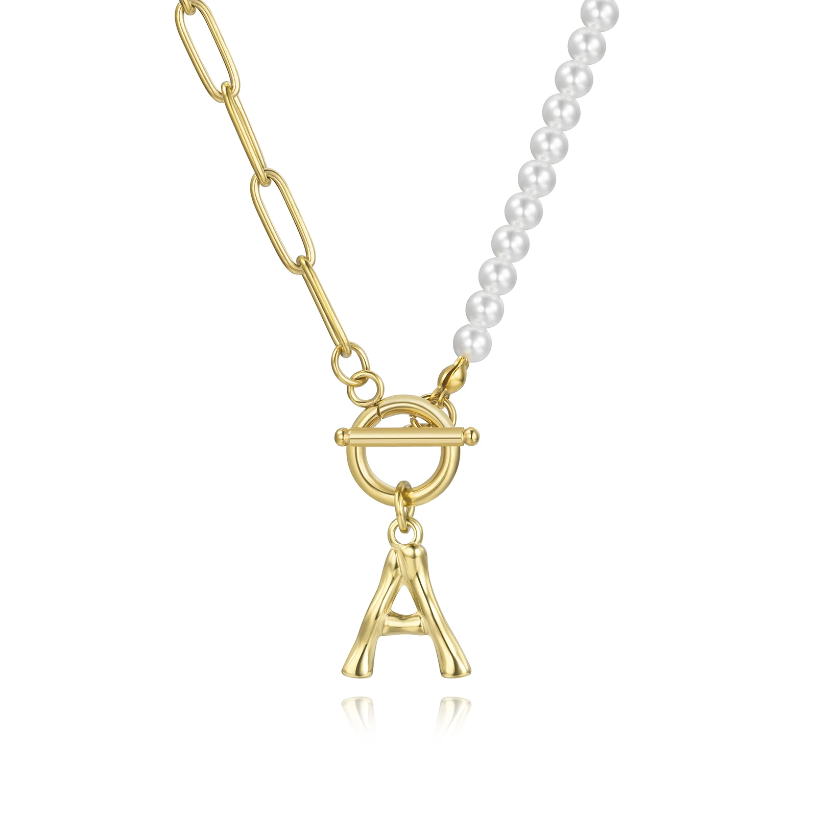 

Loftily OT Buckle 14k Gold Plated Stainless Steel Jewelry Splicing Paperclip Chain Letter Pearl 26 Initial Necklace