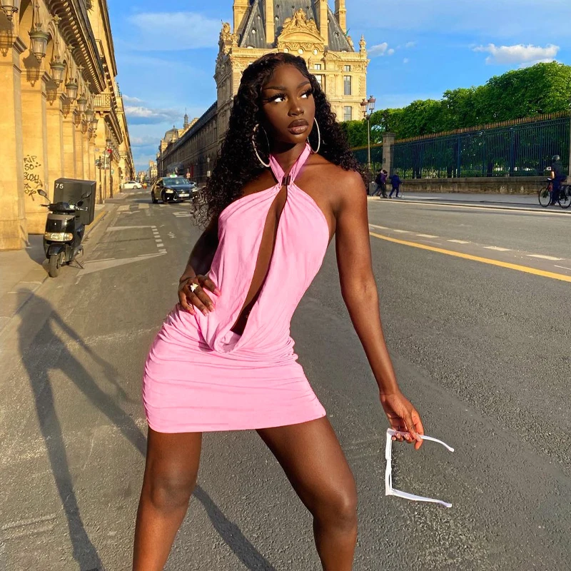 

Blingirl wholesale halter backless sleeveless hollow out mini dress bodycon sexy slim fashion ladies streetwear clothing, Pink,white