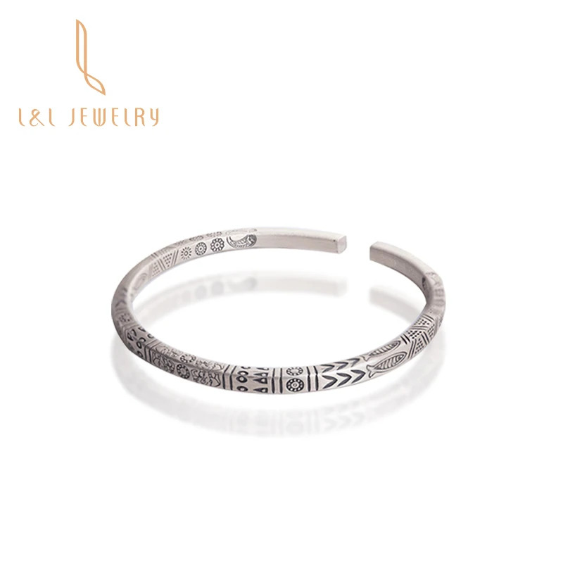 

High Quality Jewelry Solid 999 Pure Silver hieroglyphs Bangles Real Silver Bracelet Pictographic design Cuff Bangle