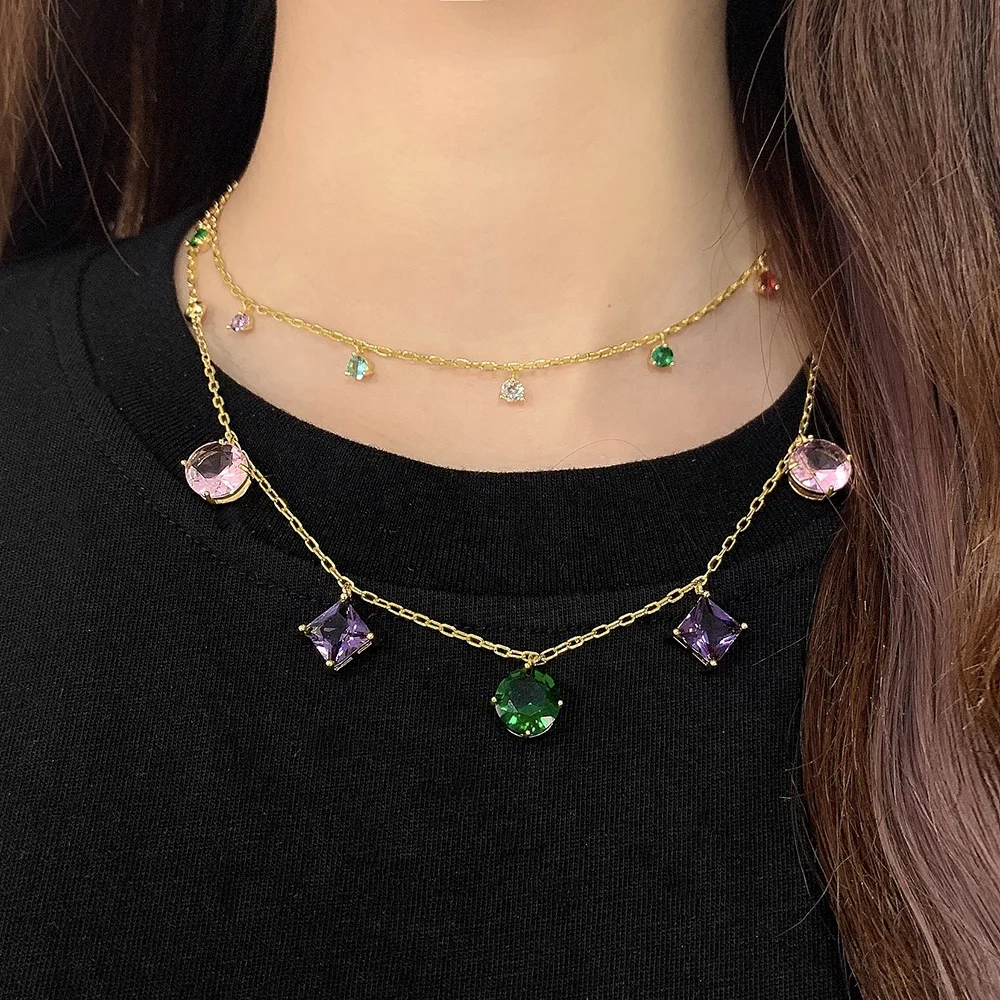 

Simple Gold Multi Color Round Bead Pendant Stackable Charm Clavicle Chain Necklace Cubic Zirconia Choker For Women, Picture