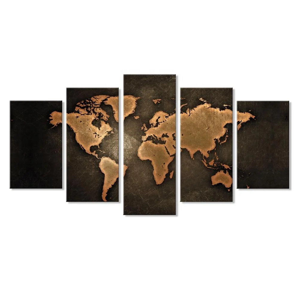 

5 Pieces Vintage World Map Giclee Print on Stretched Canvas Retro World Map Artwork Ready To Hang, Multi-color