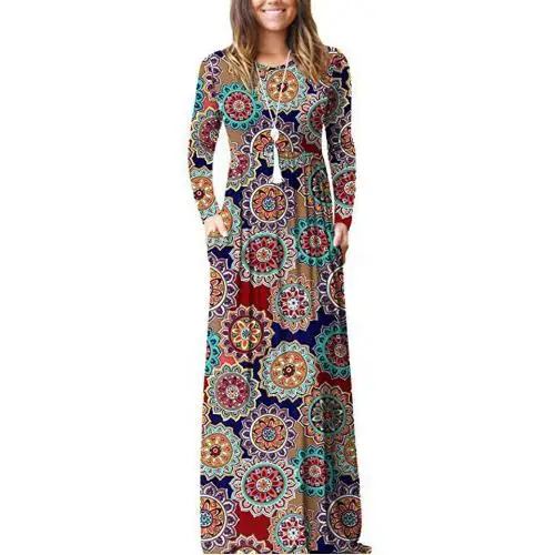 

Women 2020 Clothing Winter Long Beach Bohemian Dresses Ladies Long Sleeve O Neck Loose Floral Maxi Casual Boho Shirt Dress, Customized color