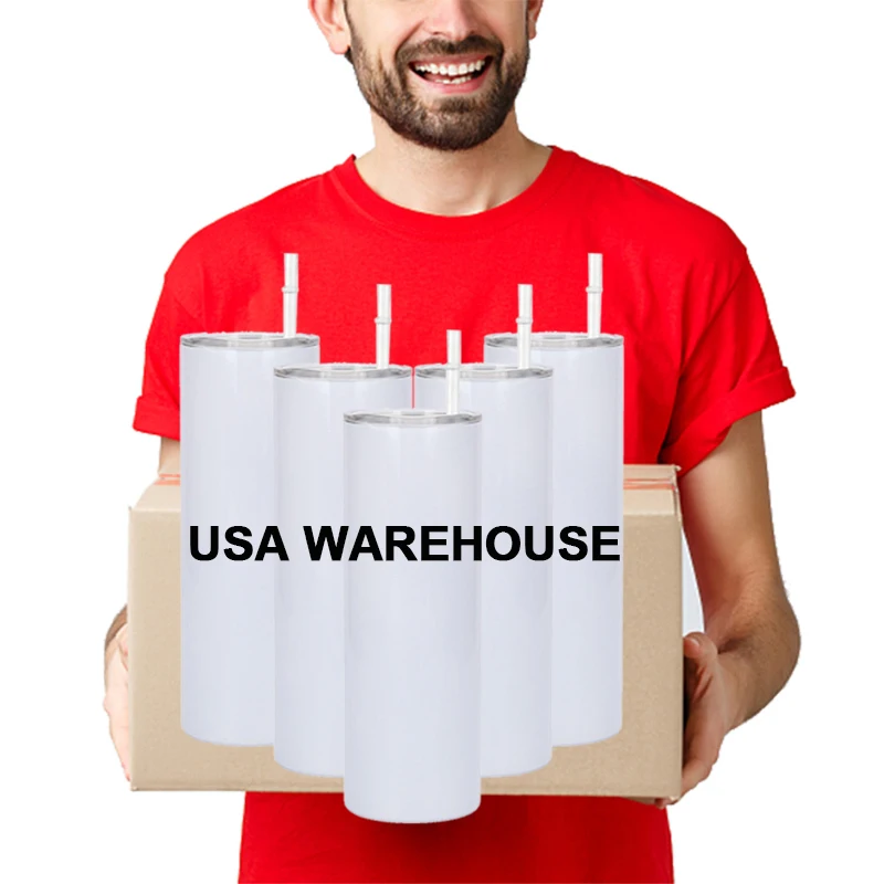 

USA Warehouse Stocked 20oz 20 oz Stainless Steel Straight Skinny Sublimation Blank Tumblers with Slide Lids and Plastic Straw, White
