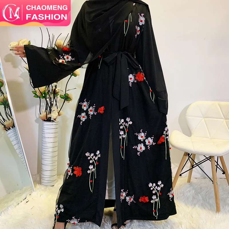 

1845# Middle East Turkey Design Fashion 3D Flower Embroidery Soft Open Long Kimono Abaya Dubai, Black/pink/gray