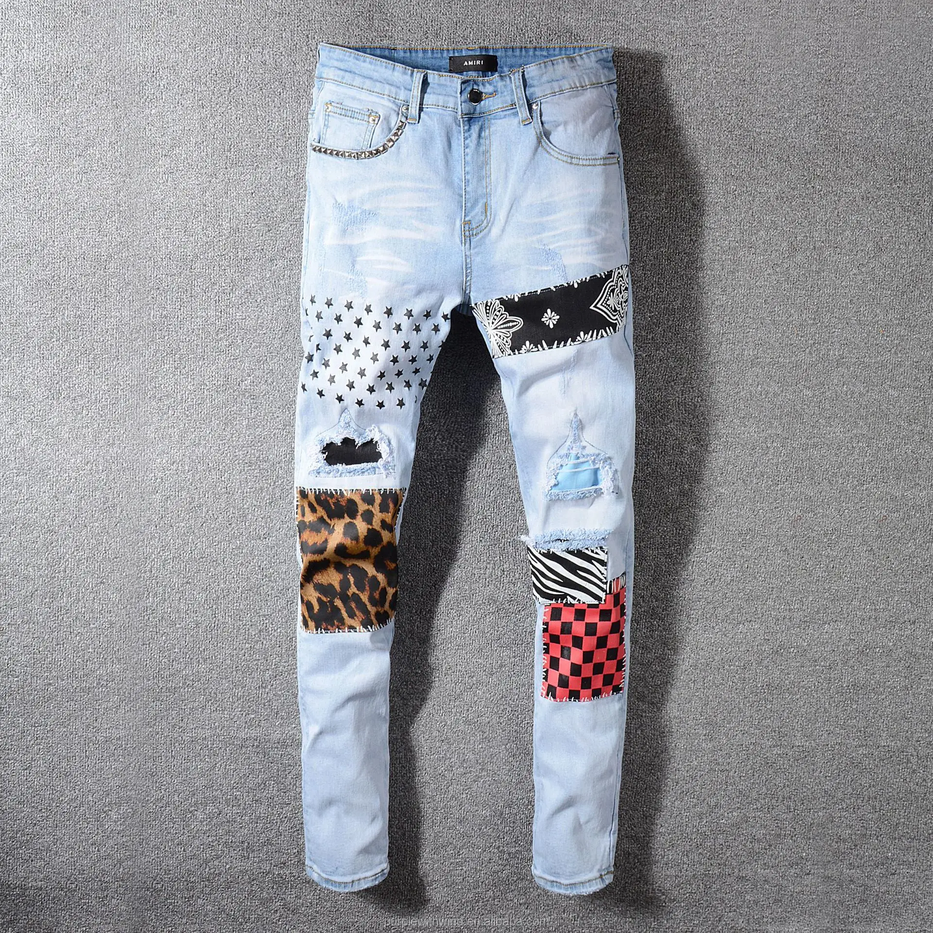 

Men Boy New design print patch denim jeans ripped pants high street hip hot men jeans AMAZON HOT SALE, Picture