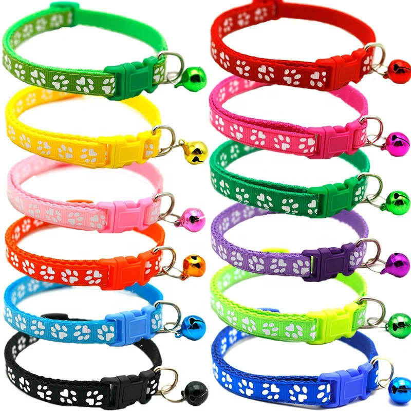 

Hot Selling Printed Cat Paw Design Pet Collar multiple colour adjustable nylon cat dog collar with bell, Picture shows or custom color
