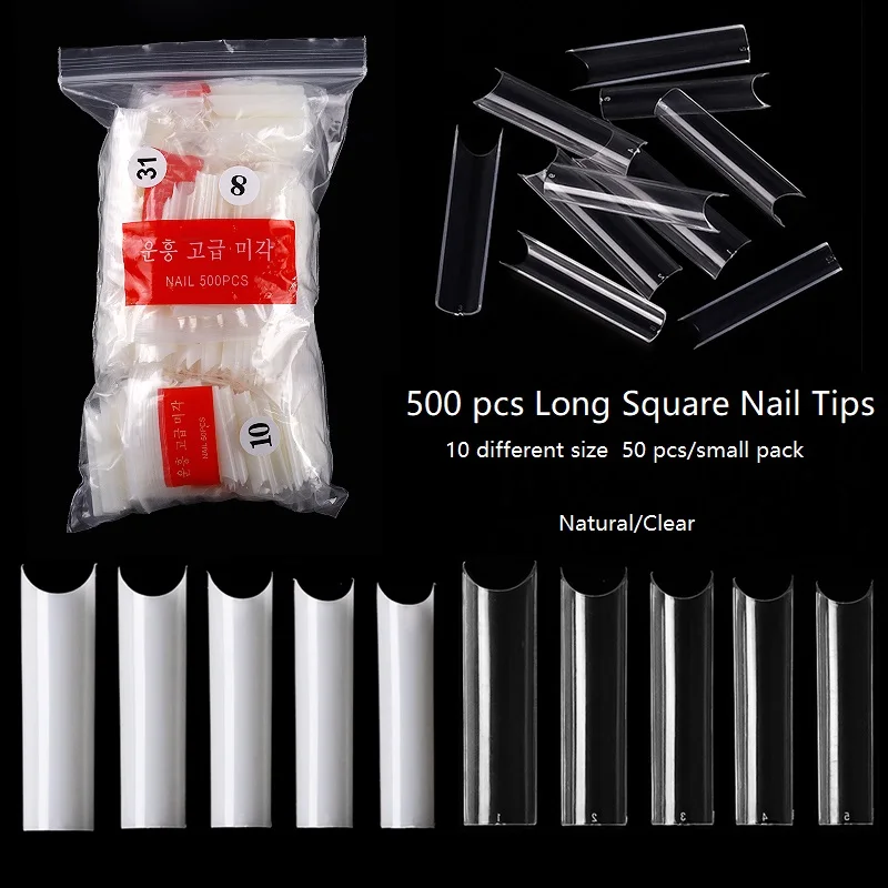 

Misscheering long water pipe curved C shape 500 pcs clear natural color salon false tips long square nail art tips