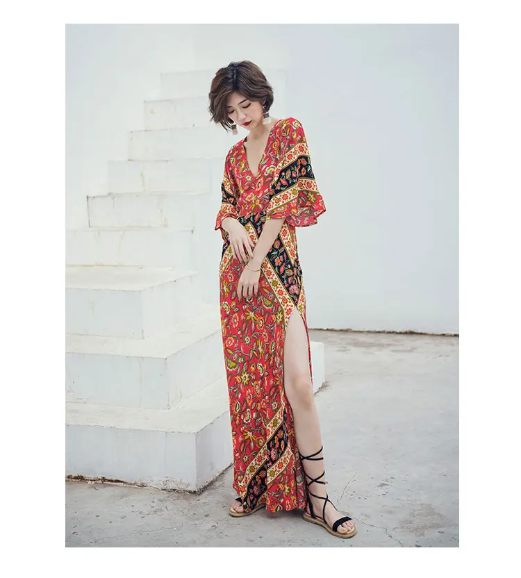 

2021 Stylish Design Summer Leisure Holiday Maxi Dresses Boho Style Print Dyed Open Back V Neck Woman Casual Dress, Picture color