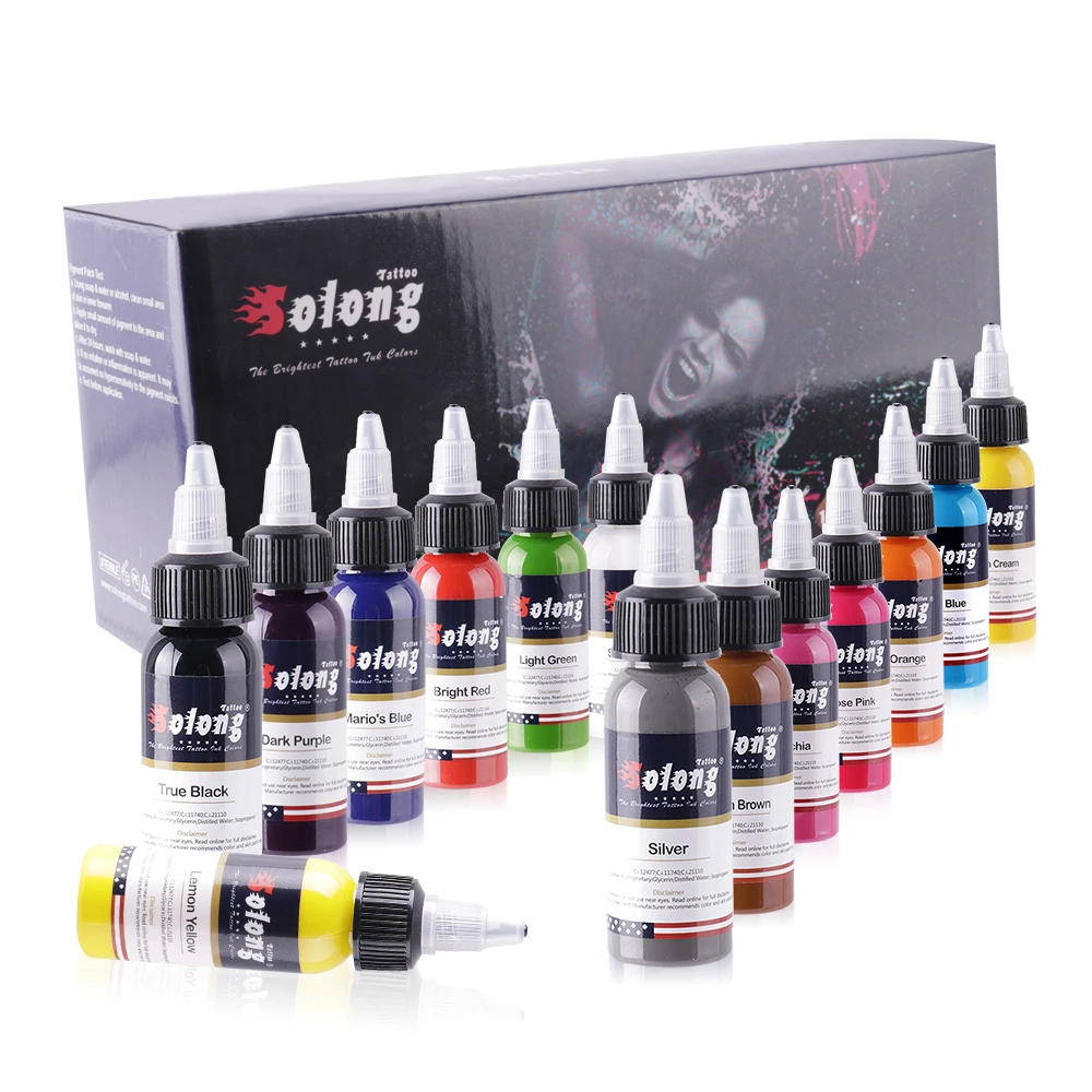 

Solong Hot Sale Body Art Tattoo Ink Set 14 Colors 30ml USA Standard OEM Pigment Ink