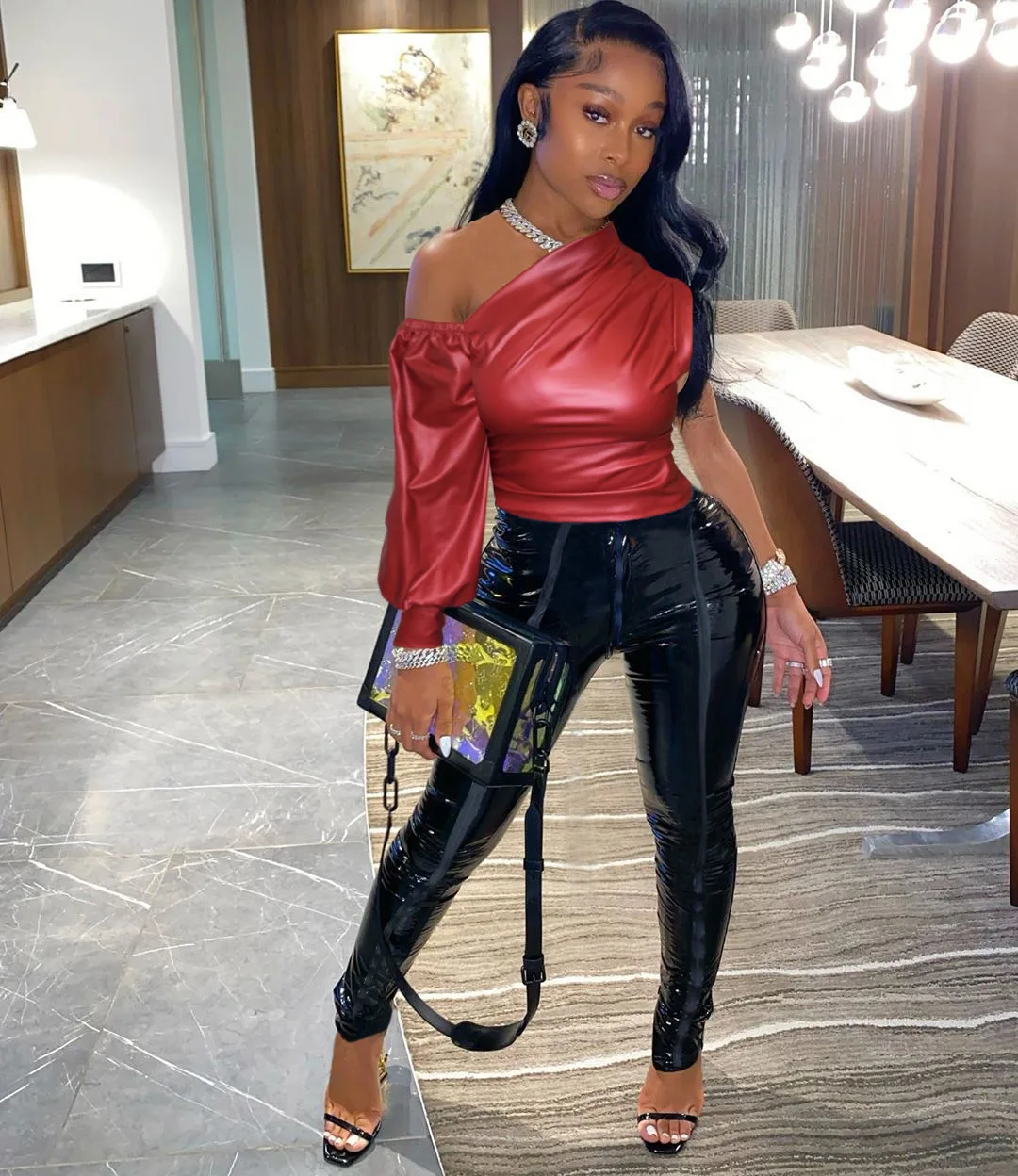 

Streetwear Punk PU Leather Tops Women Summer Clothes Crop Top And PU Pant, Available